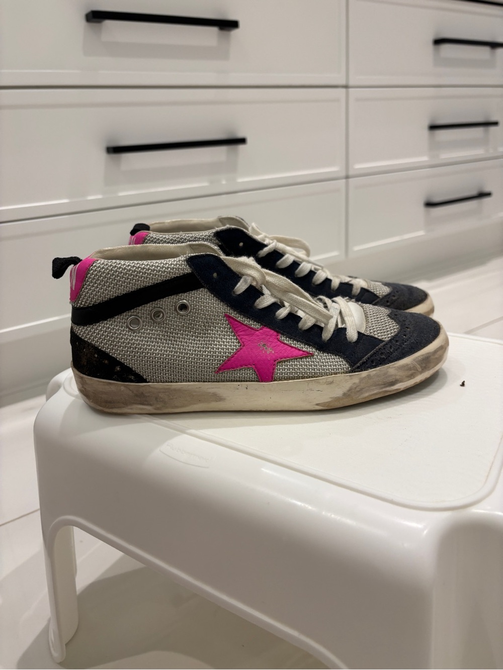 Golden Goose Women's High-Top Sneakers with Pink Star and Navy Accents